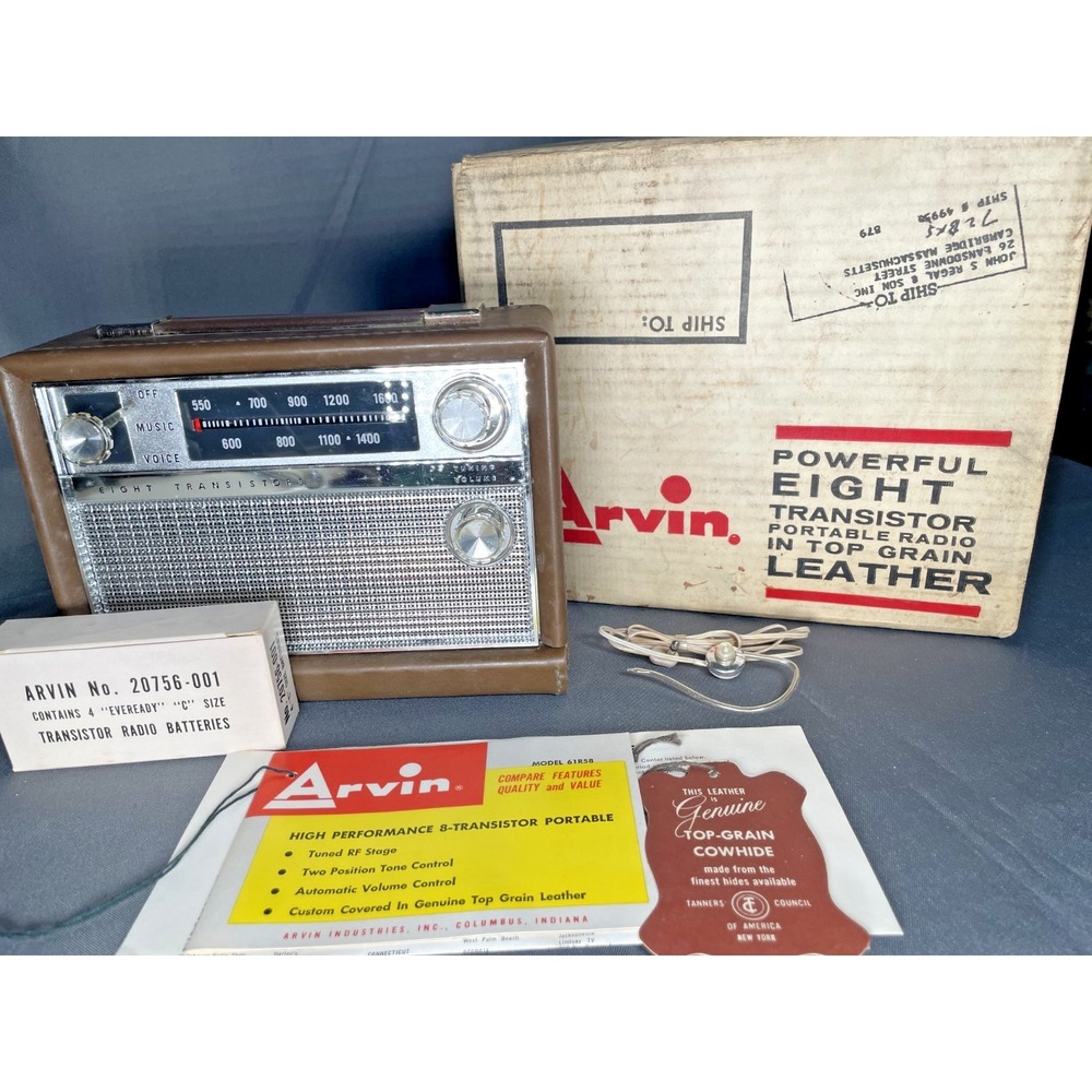 Vintage 1960s Arvin Model 61R58 8-Transistor Radio Leather NEW w/ Original Box